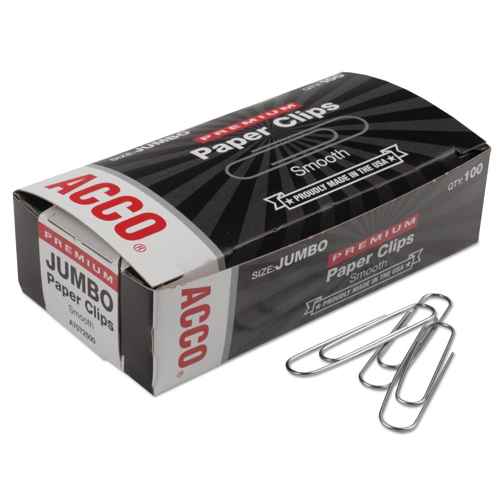 Acco Smooth Finish Premium Paper Clips, Wire, Jumbo, Silver, 100/Box, 10 Boxes/Pack