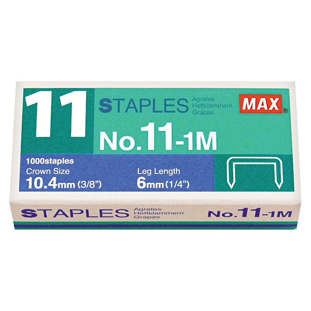 Max No. 11 Mini Staples for HD-11FLK, 1/4" Leg, 3/8"Crown Flat Clinch, 1,000/Box, Silver