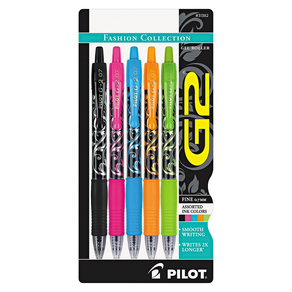 Pilot G2 Fashion Premium Retractable Gel Ink Pen, Assorted Ink/Barrels, 0.7mm, 5/Pack, Multi-Colored