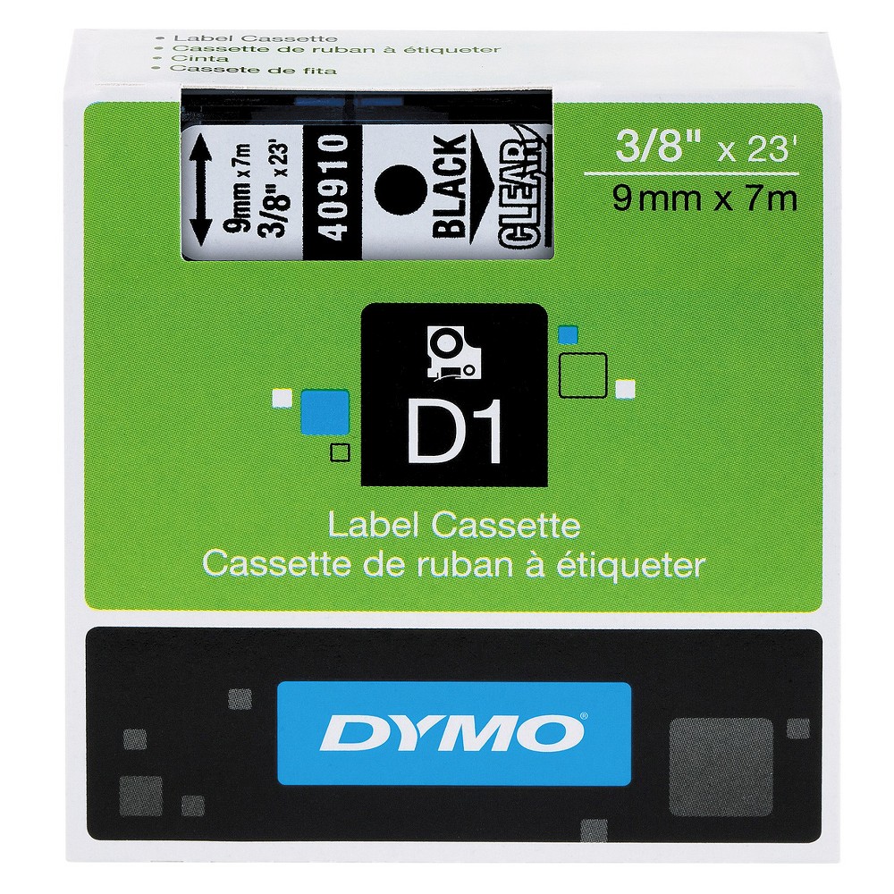 Dymo D1 Standard Tape Cartridge for Dymo Label Makers, 3/8in x 23ft, Black on Clear