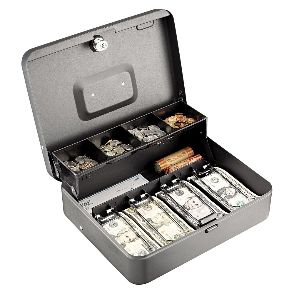 SteelMaster Tiered Cash Box with Bill Weights, 12 in, Cam Key Lock, Charcoal, Gray
