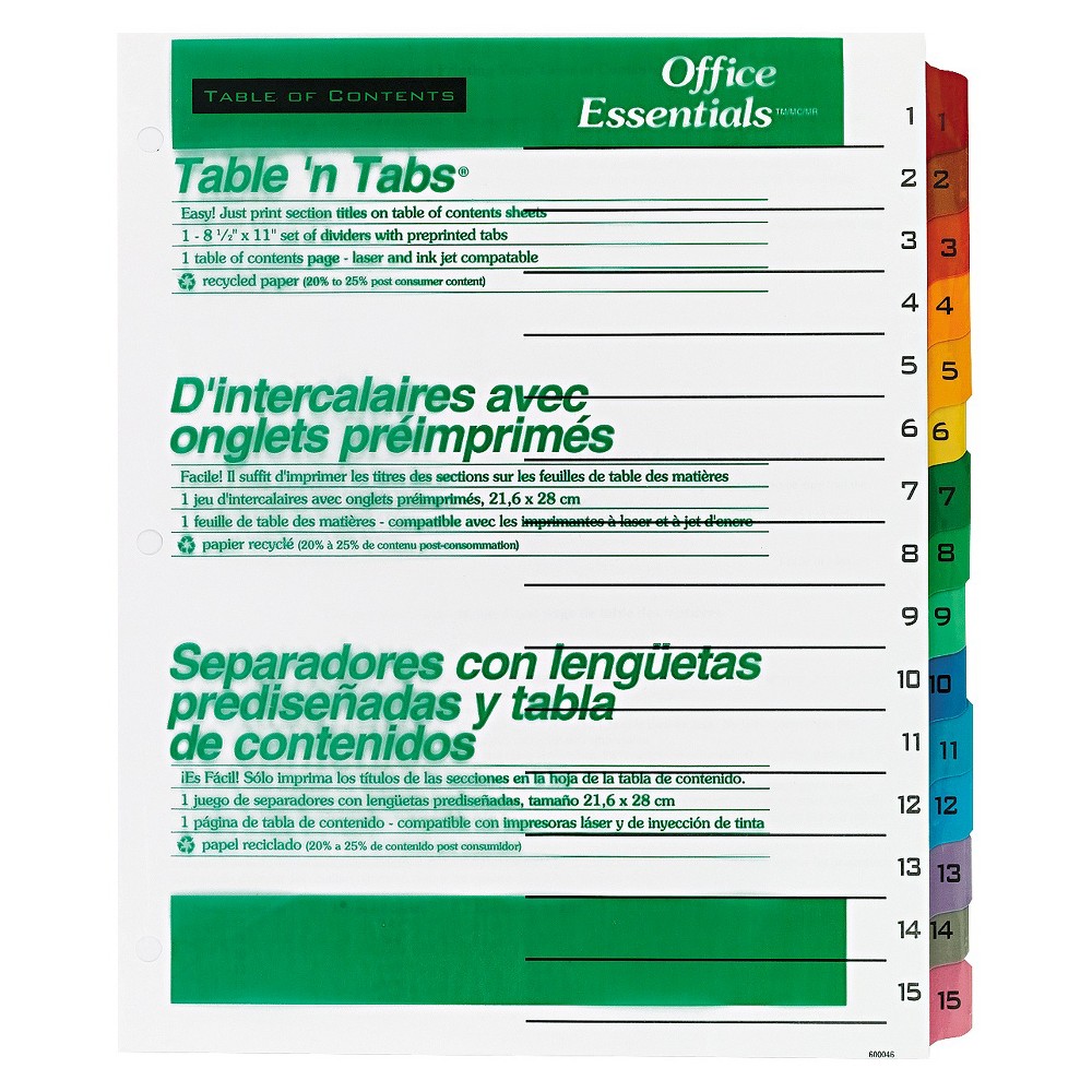 Office Essentials Table Legal N Tabs Dividers - 15 Multicolor Tabs - 1 - 15 - Letter, Multi-Colored