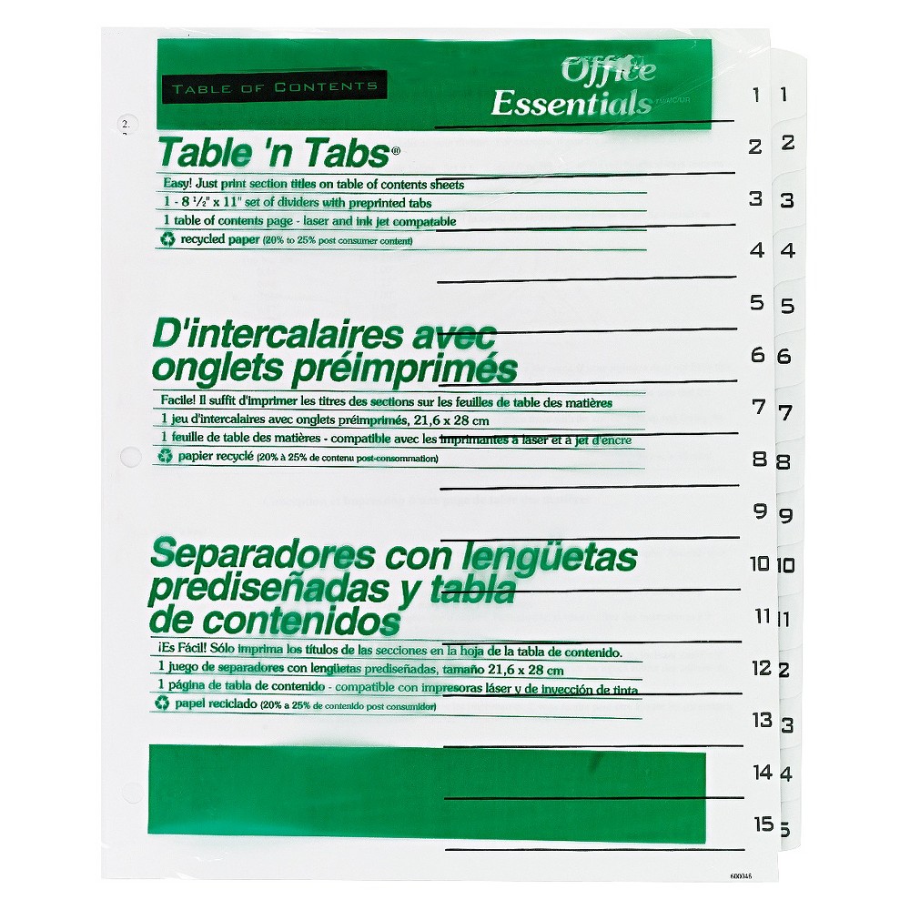 Office Essentials Table Legal N Tabs Dividers - 15 - Tab - 1 - 15 - Letter - White (1 Set), Multi-Colored