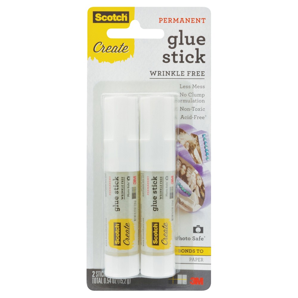 Scotch Multi-Colored Glue Sticks 2PK Wrinkl Free, White/Clear