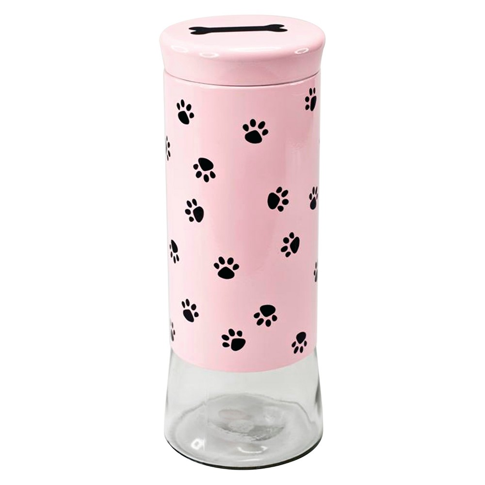 Housewares International 64 Oz Glass Storage Jar with Pink Sleeves with Paw Prints and Pink Lid with Black Bone