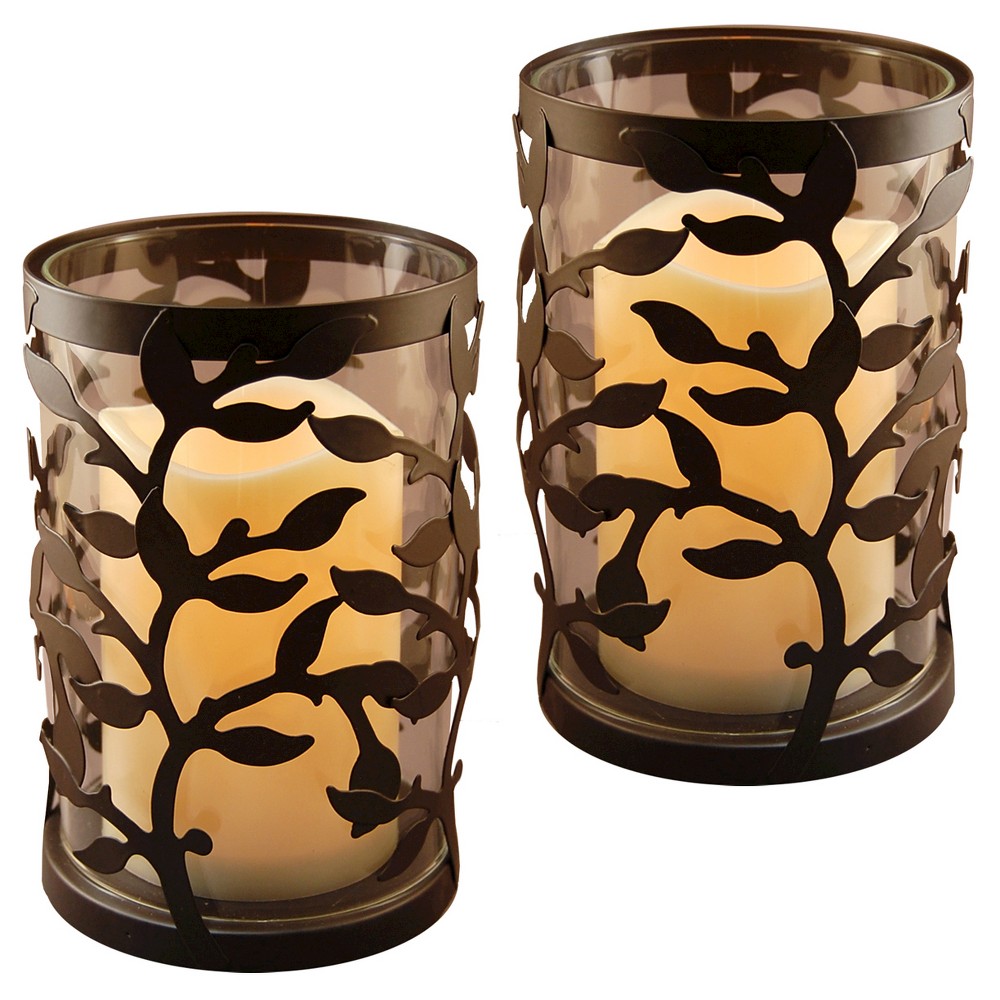 2pc Metal Lanterns with Battery Operated Led Candles Black Walnut - Lumabase