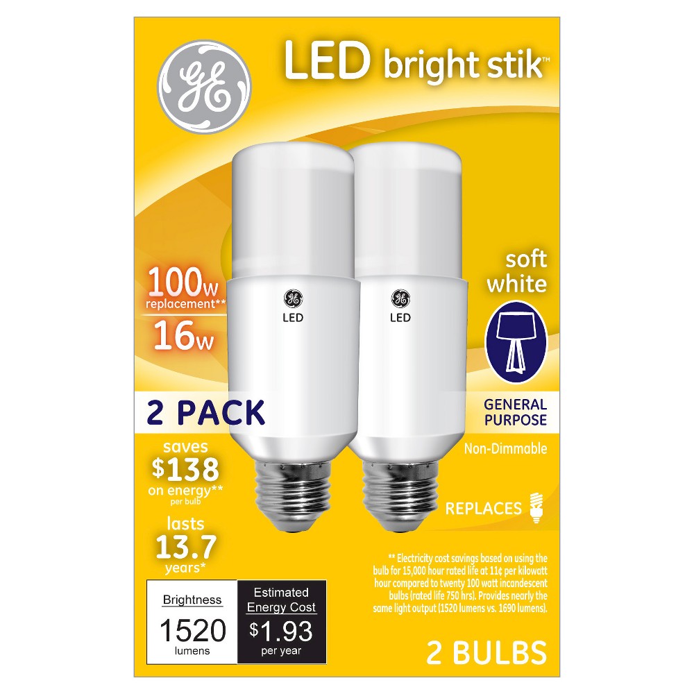 UPC 043168323048 product image for GE LED 100Watt Bright Stik Light Bulb (2Pk) - Soft White | upcitemdb.com