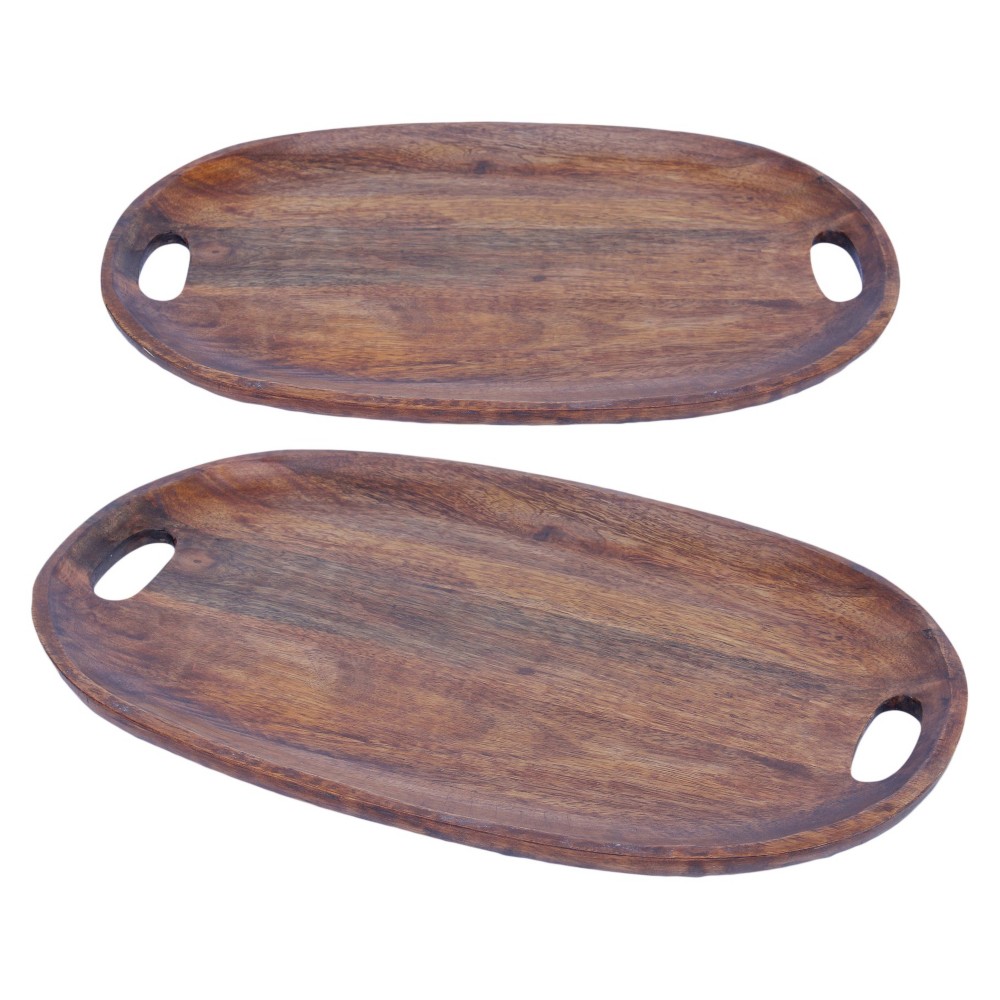 A&b Home Set of 2 Oval Wooden Trays, Brown
