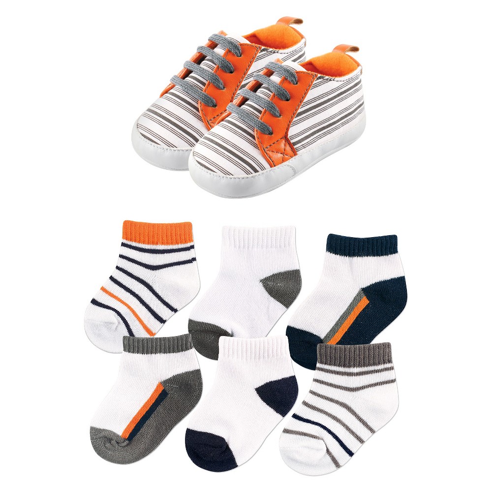 Yoga Sprout Baby 7 Piece Shoes & Socks Gift Set - Striped 0-6M, Infant Boys, Size: 0-6 Months, Gray Orange