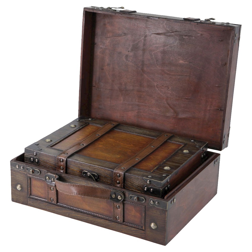 Storage Chests/Suitcase Set of 2 Antique with Decorative Strap - Quickway Imports, Antique Wood
