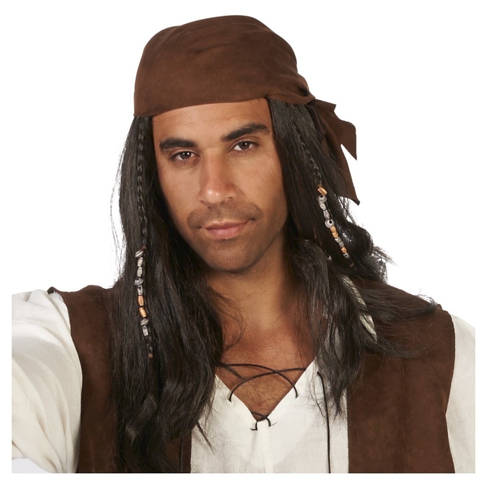 Pirate Mens Costume Wig with Beads Brown