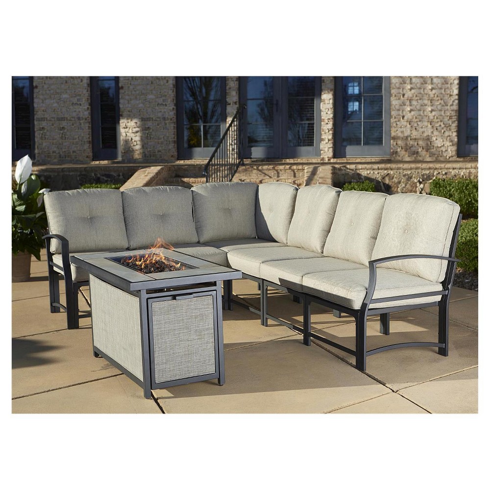 Serene Ridge 7 Piece Aluminum Outdoor Sofa Sectional Patio Furniture Set with Cushions and Fire Pit - Brown - Cosco