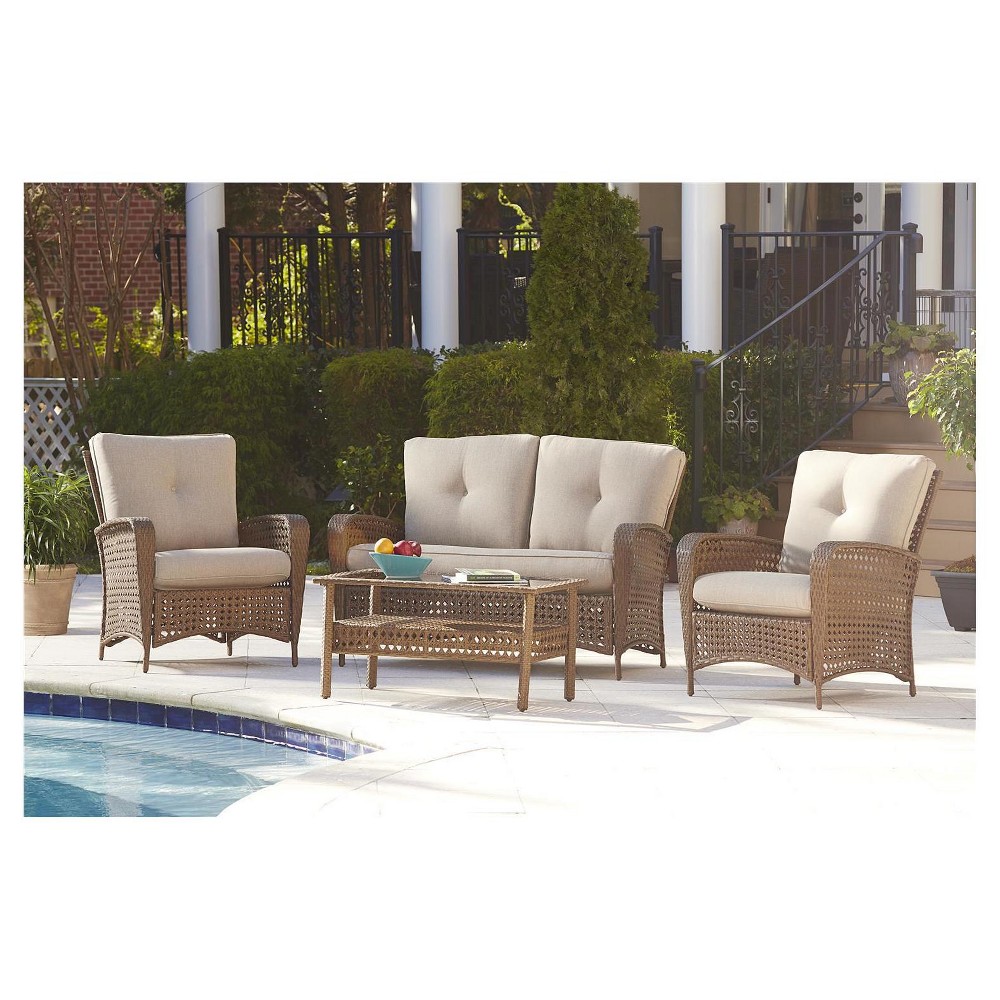 Lakewood Ranch 4 Piece Steel Woven Wicker Outdoor Patio Furniture Set with Cushions and Coffee Table - Brown - Cosco