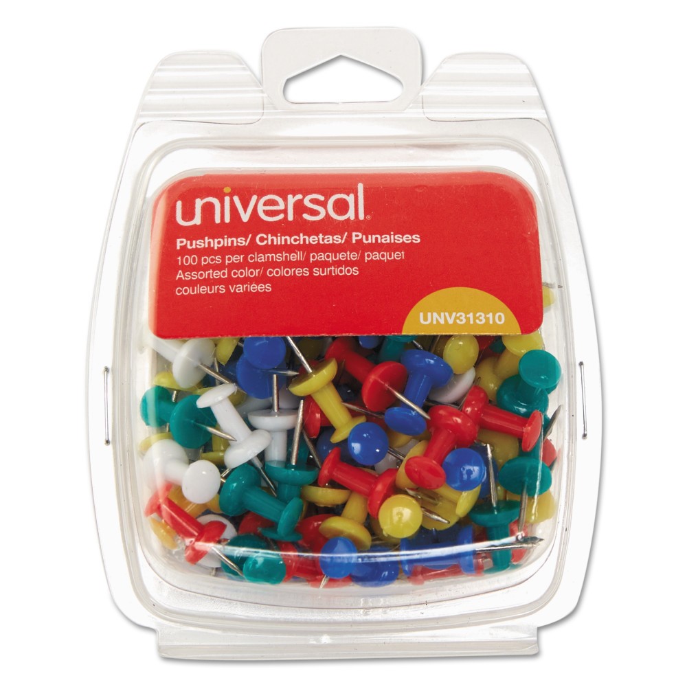 Universal Colored Push Pins, Plastic, Rainbow, 3/8, 100/Pack