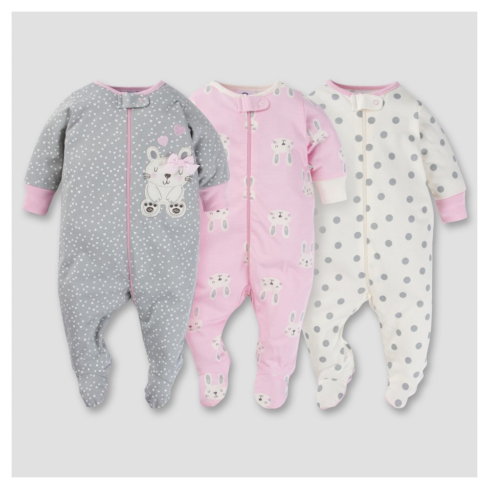 Baby Girls 3pk Zip Front Sleep N Play - Bunny 0-3M - Gerber, Pink