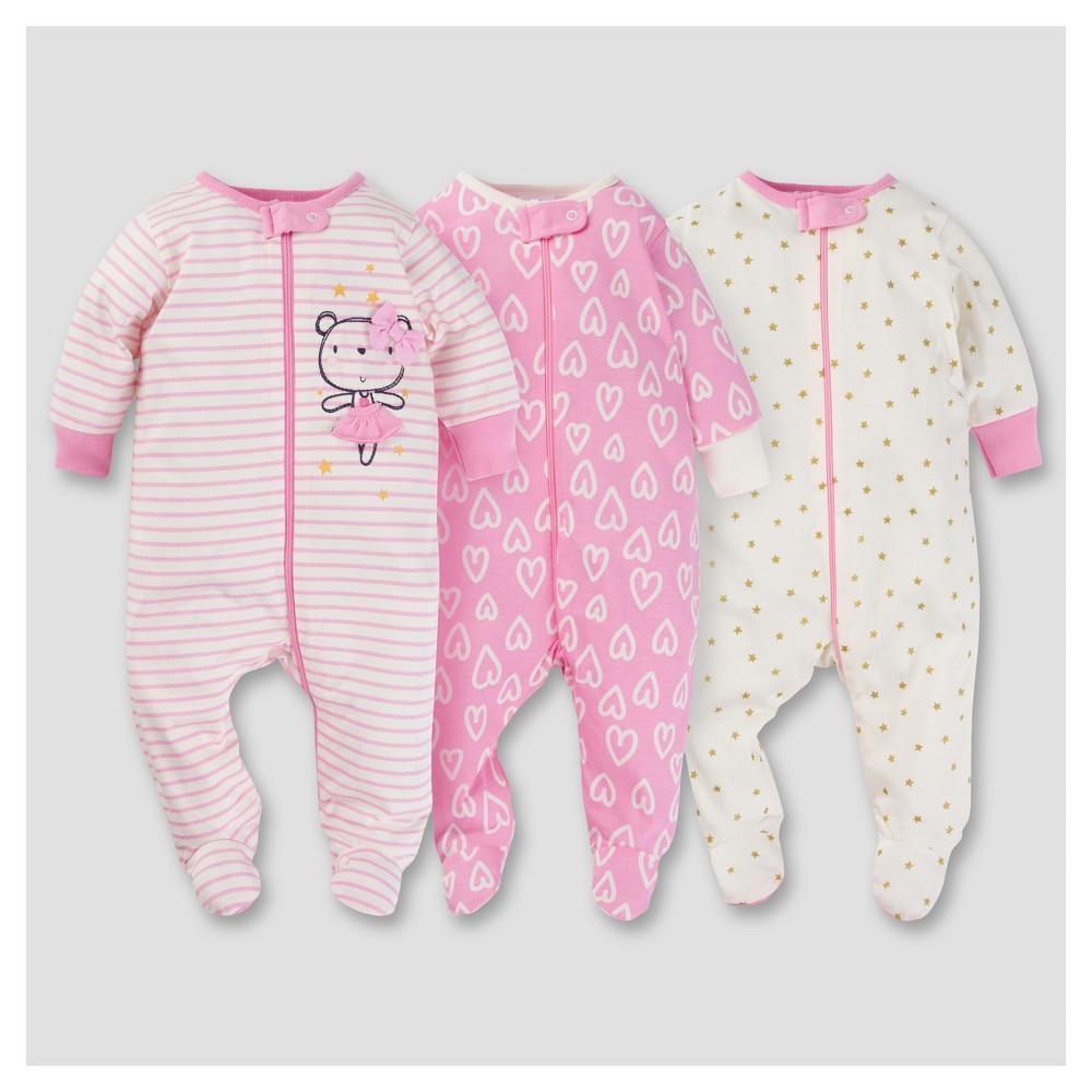 Baby Girls 3pk Zip Front Sleep N Play - Ballerina 6-9M - Gerber, Pink