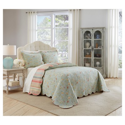 Floral Stripe Garden Glitz Reversible Bedspread Set (Queen) 3pc - Waverly