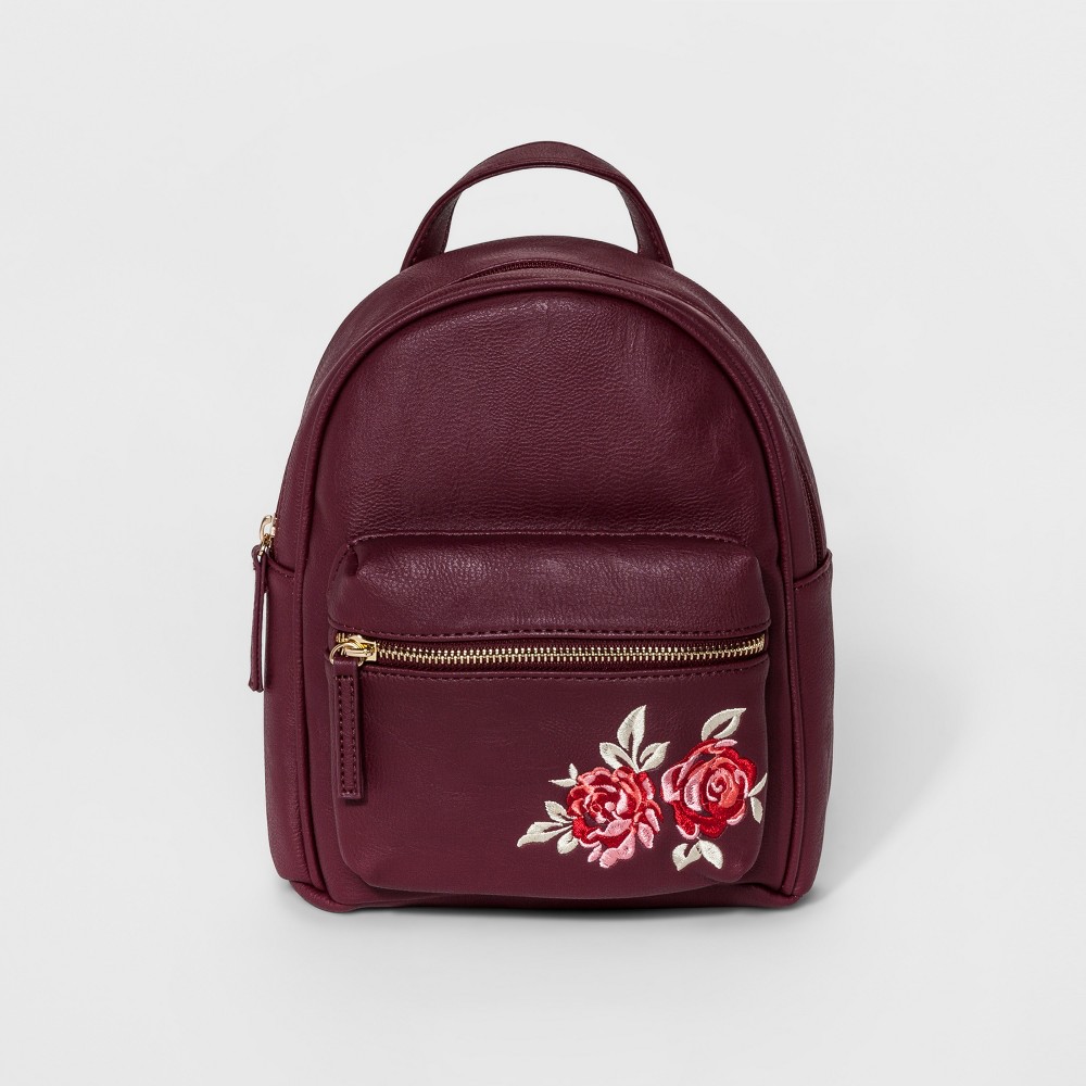 Women S Omg Accessories Rose Embroidered Vegan Leather Mini Backpack Burgundy Red