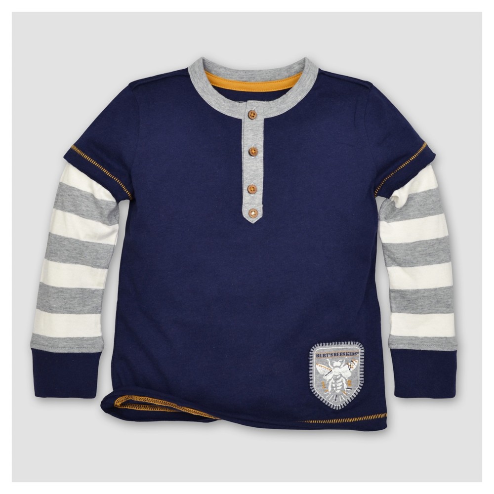 Burts Bees Baby Toddler Boys Striped Henley Long Sleeve T-Shirt - Starry Night 6, Blue