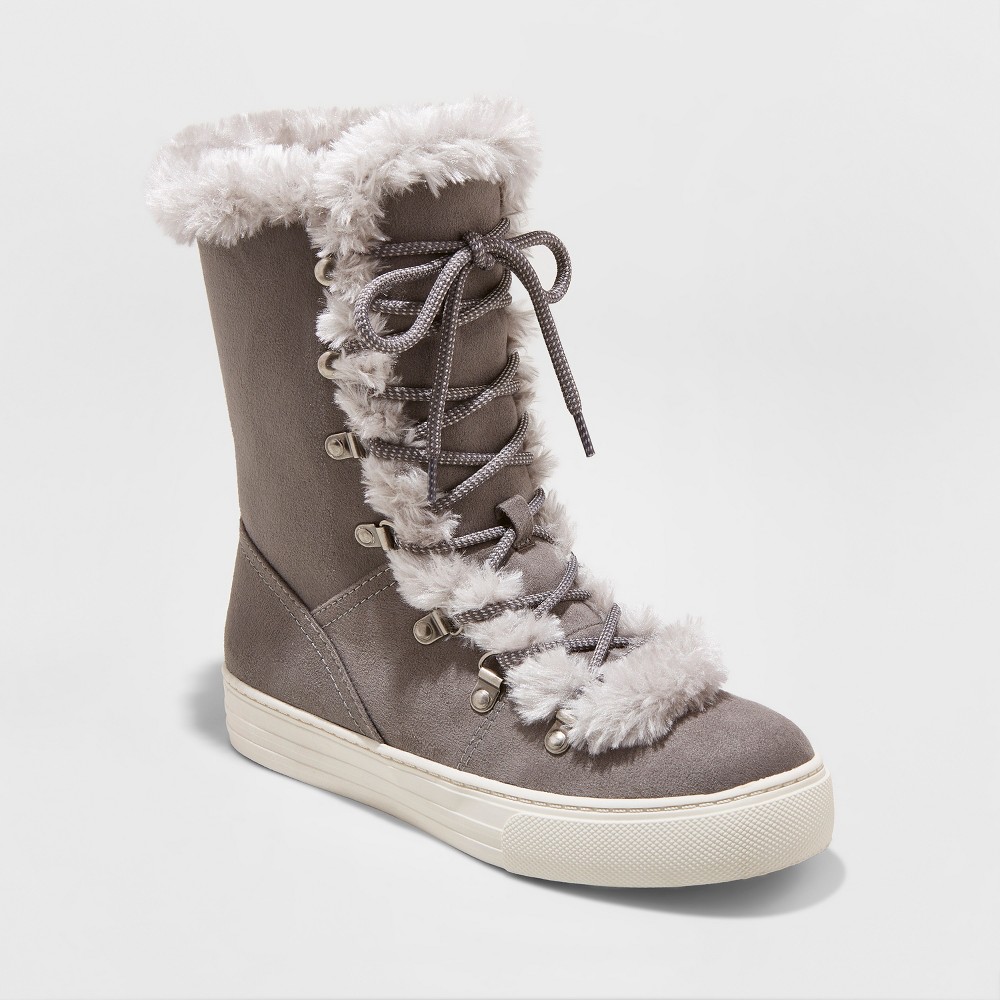 Womens Tira Faux Fur Lace Up Fashion Winter Boots - Merona Gray 6