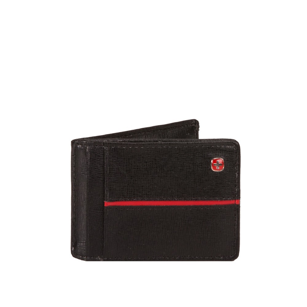Mens Swiss Gear Saffiano With Red Stripe Wide Magnetic Front Pocket Wallet - Black