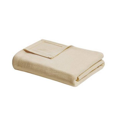 Full/Queen Freshspun Basketweave Cotton Bed Blankets Cream: Madison Park, Lightweight, Machine Washable