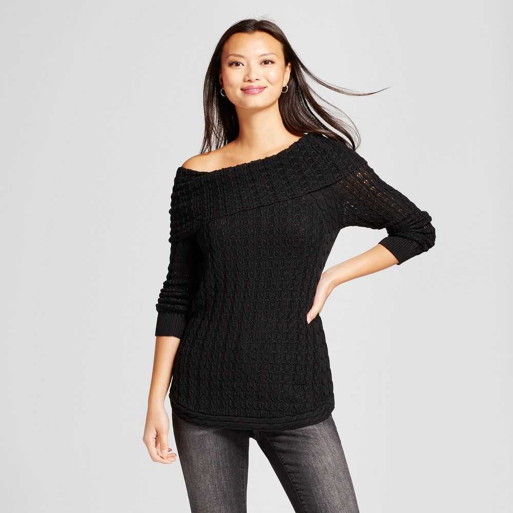 Womens Stitch Interest Cowlneck Pullover Sweater - Heather B Black XL