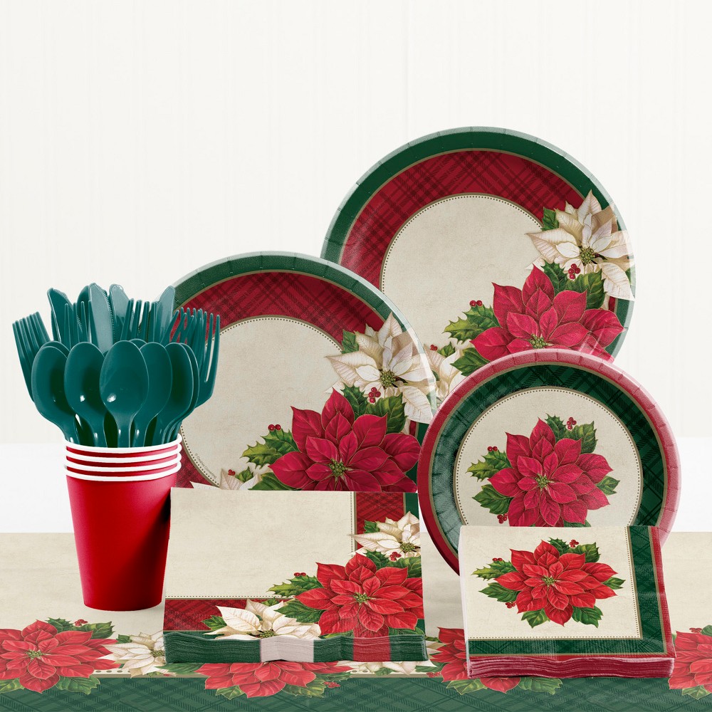 Creative Converting Plaid Poinsettia Christmas Party Supplies Kit, Multi-Colored