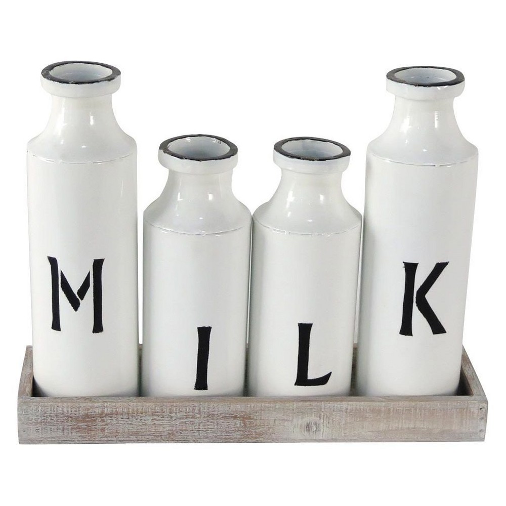 12.25x4.5"x15.5" Enamel Milk Bottles On Wood Tray White - Foreside Home & Garden