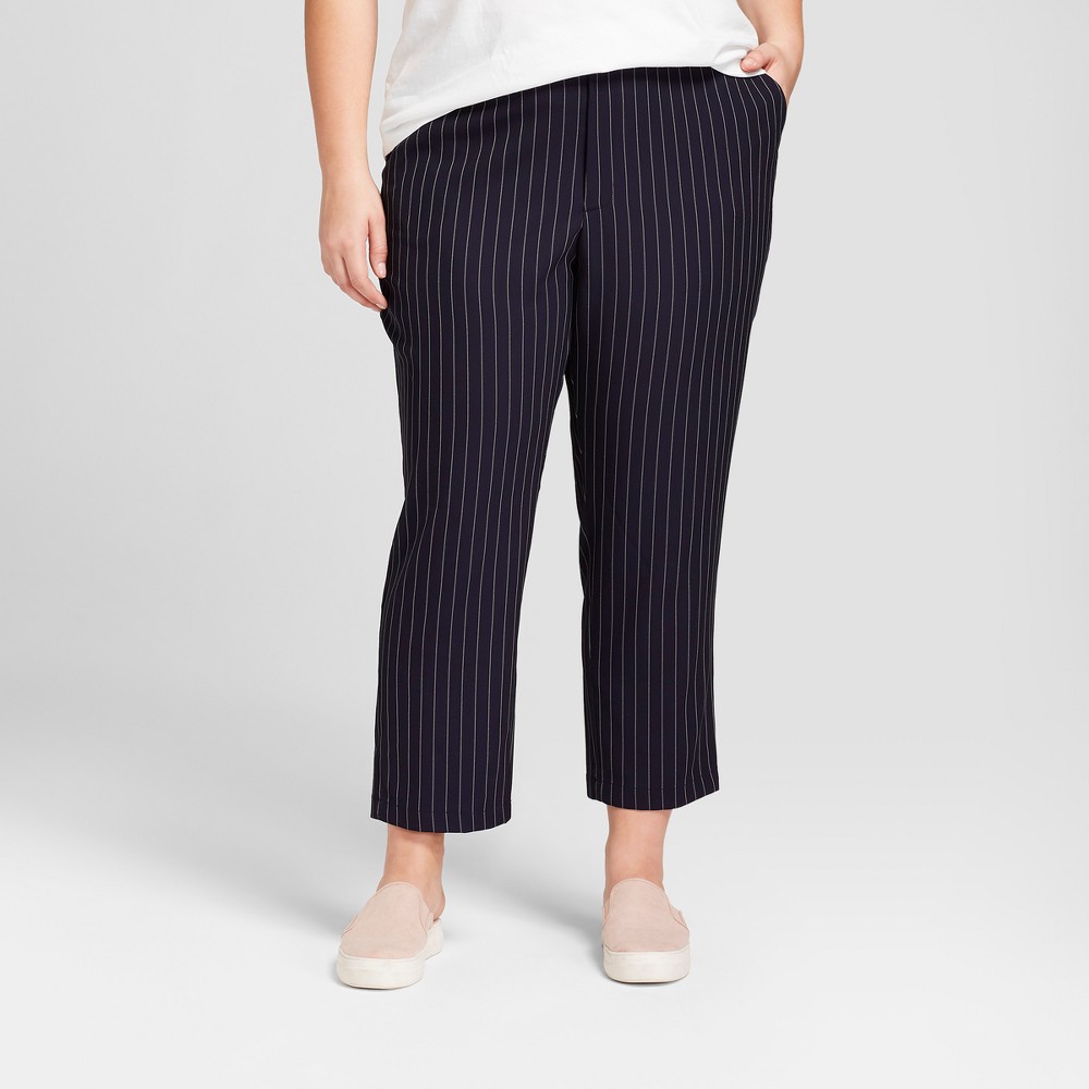 Womens Plus Size Striped Ankle Joggers - A New Day Navy/White 2X, Blue