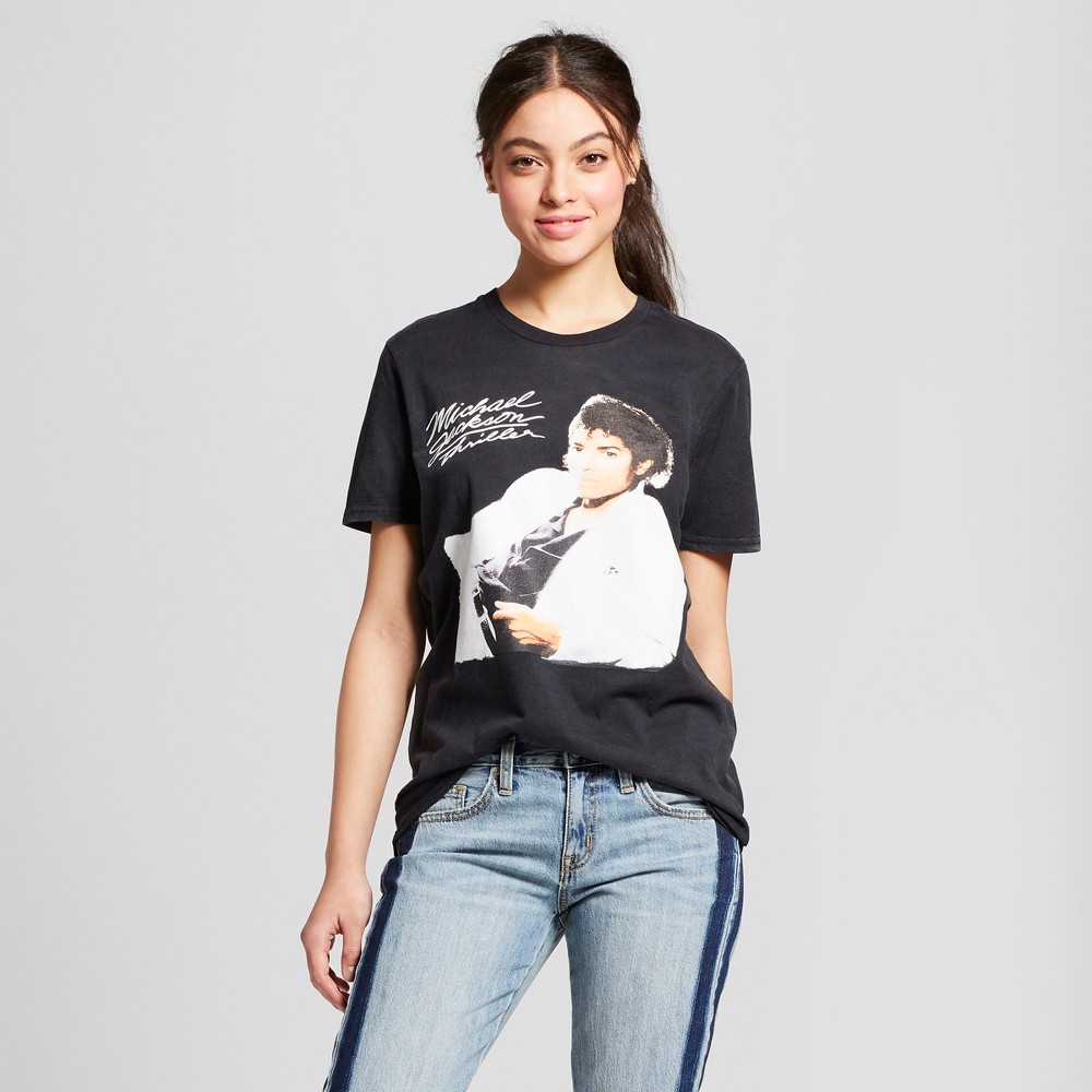 Womens Michael Jackson Thriller Album Cover Short Sleeve Crew Neck T-Shirt (Juniors) - Black XL