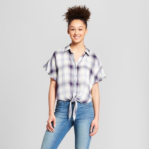 Women's Plaid Ruffle Sleeve Tie-Front Shirt - Mossimo Supply Co.™ Blue - image 1 of 2