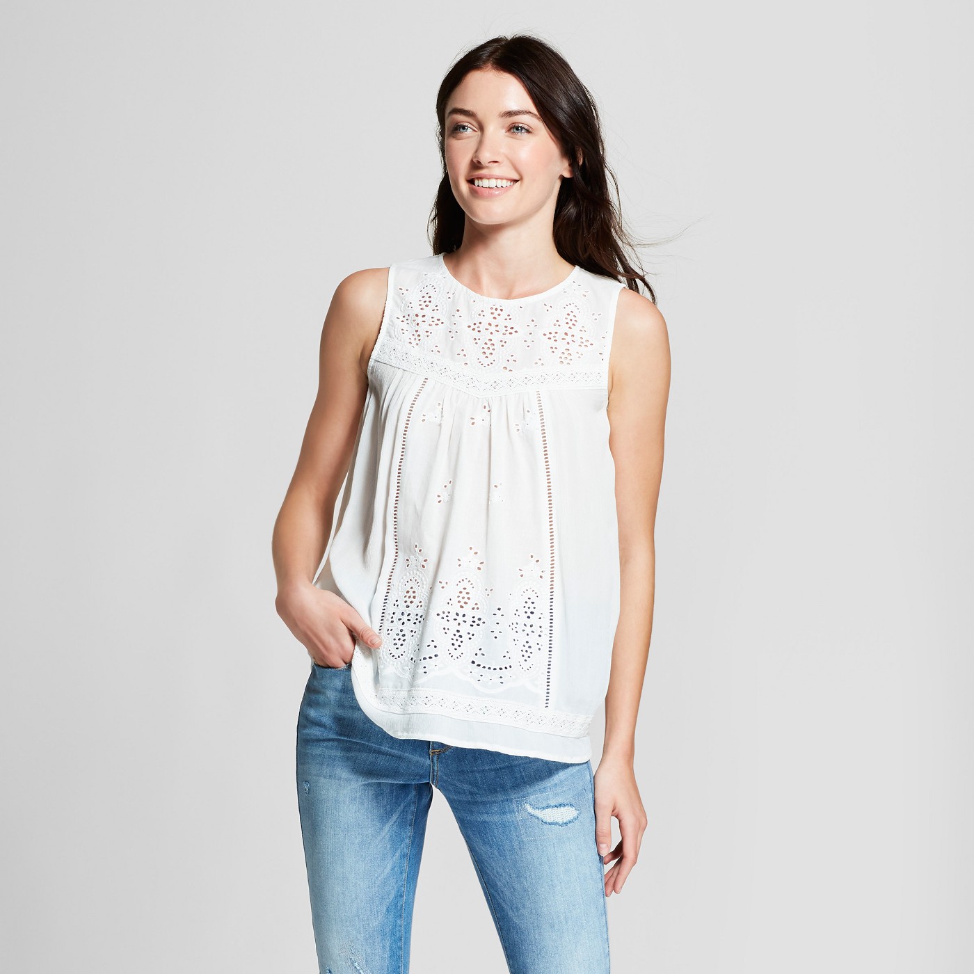 Women's Eyelet Knit to Woven Tank - Knox Roseâ„¢ White - image 1 of 2