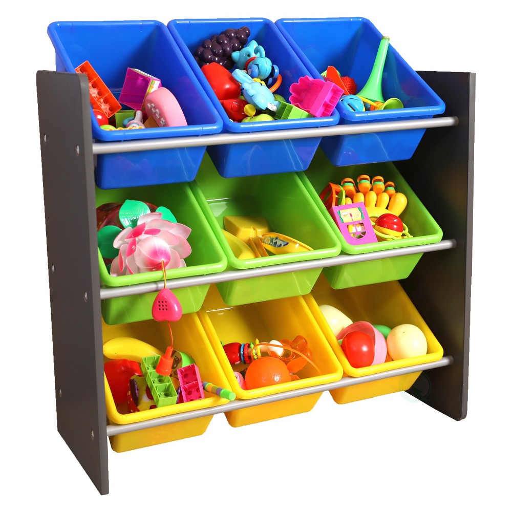 3-Tier Kids Toy Storage Organizer with 9 Plastic Bins - Gray - Basicwise