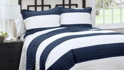 Twin White and Navy Cotton Quilt Set with Sham