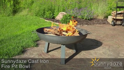 Rustic Cast Iron 34" Outdoor Wood-Burning Fire Pit Bowl with Handles