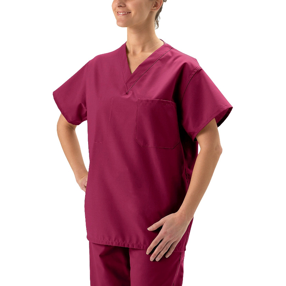 Medline Unisex Reversible Scrub Top V neck with Pocket   Raspberry (Large)