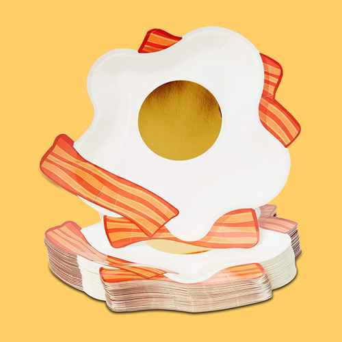 Blue Panda 48 Pack Fried Eggs and Bacon Disposable Paper Plates for Breakfast Party, Brunch 9 In
