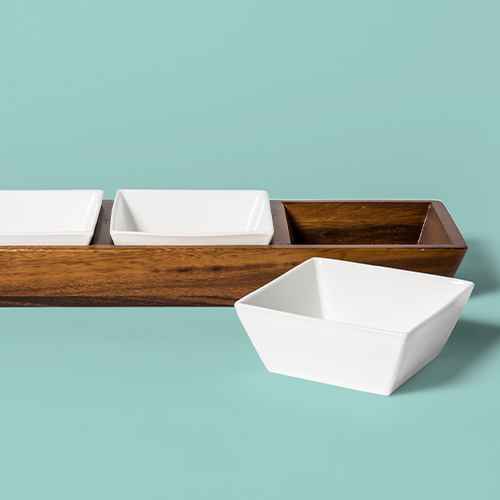 4pc Acacia Wood 3 Section Serving Bowl with Ceramic Inserts Brown - Threshold™