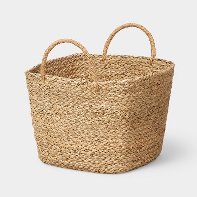 2x Grass Woven Storage Basket Straw Folding Basket with w/ Handle L/S White 