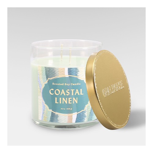 15.1oz Lidded Glass Jar 2-Wick Candle Coastal Linen - Opalhouse™, 15.1oz Lidded Glass Jar 2-Wick Candle Driftwood & Sea Salt - Opalhouse™, 9oz Milky White Glass Woodwick Candle with Wood Lid and Stamped Logo Coastal Wind and Lavender - Threshold™, 9oz Lidded Glass Jar Crackling Wooden Wick Candle Ocean Air and Moss - Threshold™