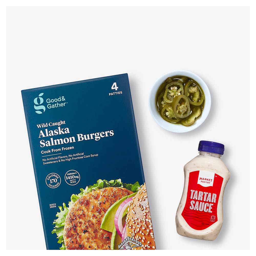 Alaska Salmon Burgers - Frozen - 16oz/4ct - Good & Gather™, Sliced Jalapenos 12oz - Market Pantry™, Tartar Sauce - 12fl oz - Market Pantry™