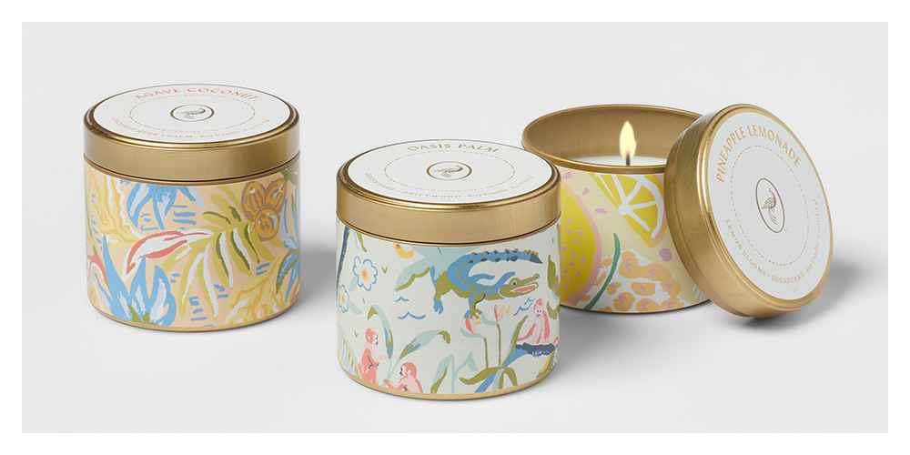 4oz Mini Grab Tin with Patterned Wrap Label Gift Set Spring/Summer Seasonal - Opalhouse™, 4oz Mini Patterned Tin Citrus Sunset Candle - Opalhouse™, 10.5oz Wellness Jar Citrus and White Oak Candle Yellow - Project 62™