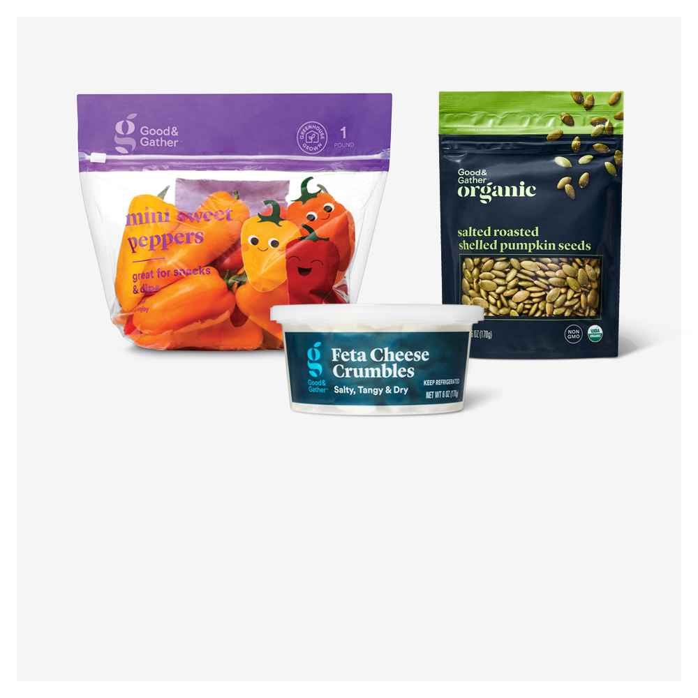 Mini Sweet Peppers - 16oz - Good & Gather™ (Packaging May Vary), Organic Salted Roasted Shelled Pumpkin Seeds - 6oz - Good & Gather™, Feta Cheese Crumbles - 6oz - Good & Gather™