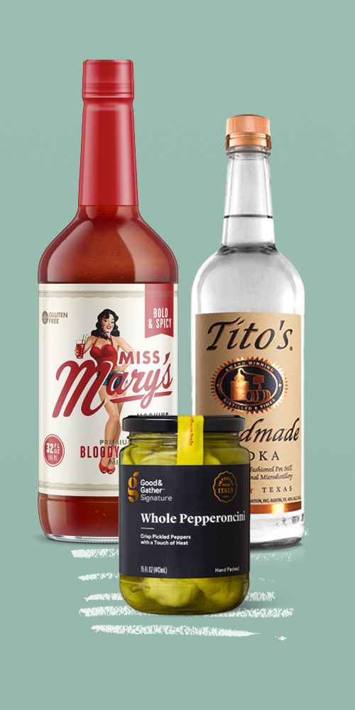 Miss Mary's Bold & Spicy Bloody Mary Mix - 32 fl oz Bottle, Tito's Handmade Vodka - 750ml Bottle, Signature Whole Pepperoncini - 15oz - Good & Gather™, Colby Jack Cheese Cubes - 8oz - Good & Gather™