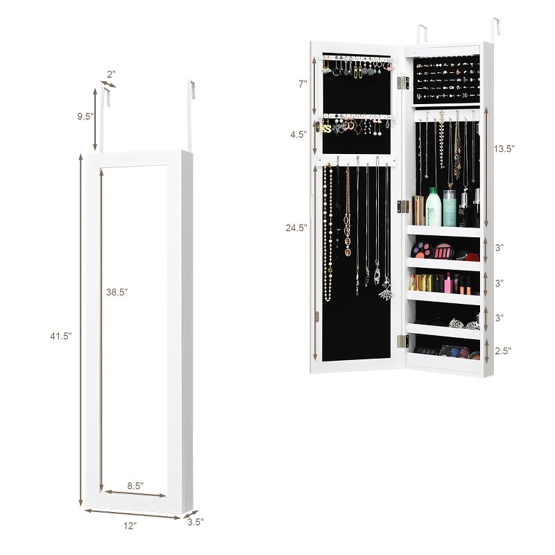Costway Wall Door Mounted Mirrored Jewelry Cabinet Organizer Storage w/LED Light White, 4 of 11