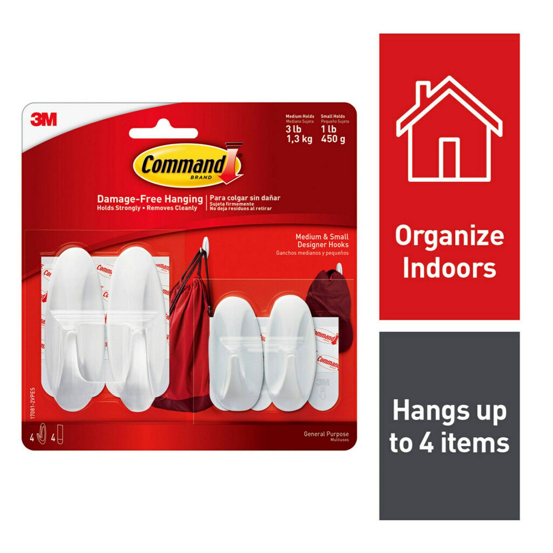 Command Small and Medium Hook Value Pack: Heavy Duty Adhesive Wall Hooks, 3 lb Capacity, 4 Pack, White