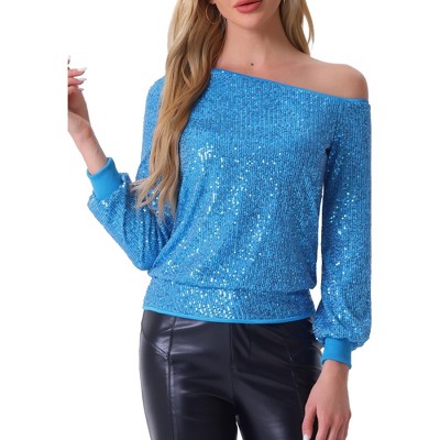 Allegra K Women's Sequin Party Sparkly Glitter Long Sleeve Off Shoulder Top