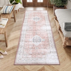 Faux Wool Boho Vintage Floral Printed Area Rug Ultra Thin Low Pile, Machine Washable Stain Resistant  Non Slip Non Shedding Pet Friendly Floor Rug - 1 of 4