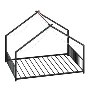 TopComfy Beds Full size childrens bed frame with strips roof shaped iron frame bed No Box Spring Needed for Bedroom, Black, 78.5"*55.91"*58.36" - 1 of 4
